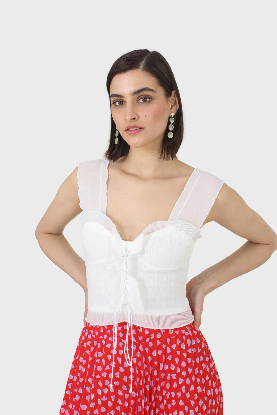 White chiffon trim lace up front tank top - Image 4