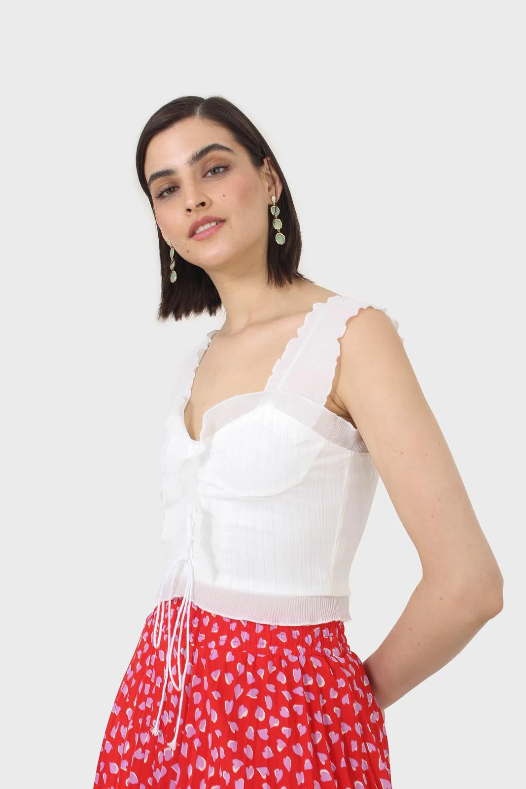 White chiffon trim lace up front tank top - Image 5