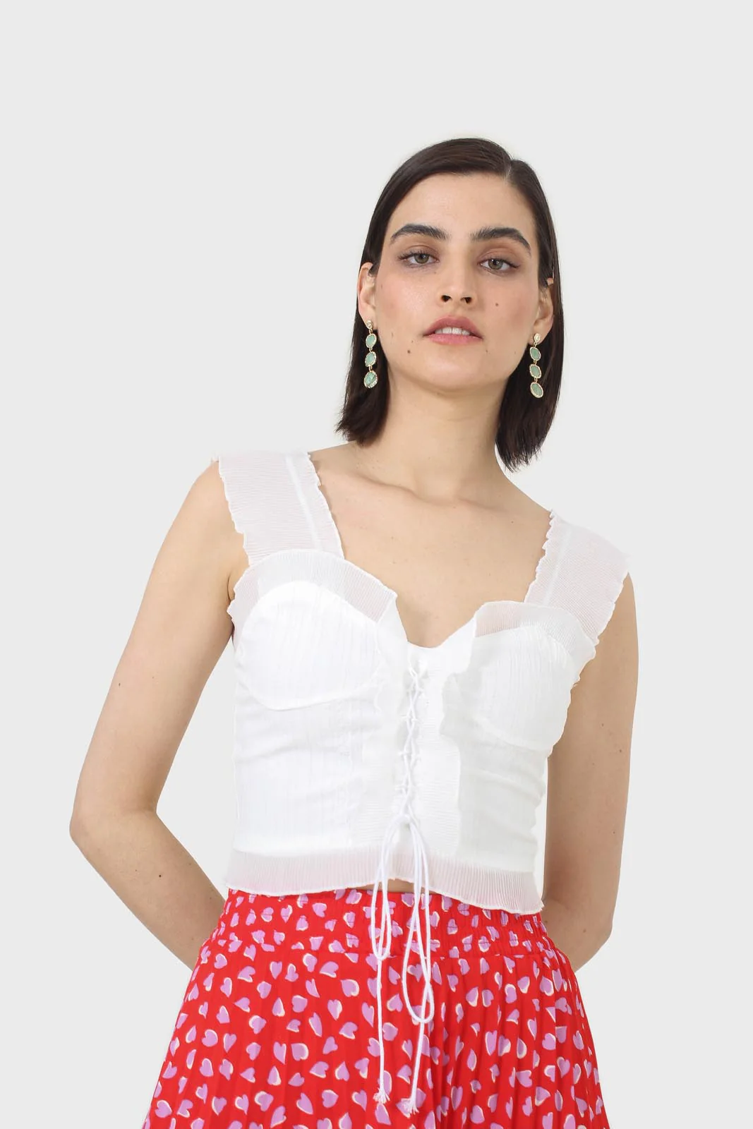White chiffon trim lace up front tank top - Image 6