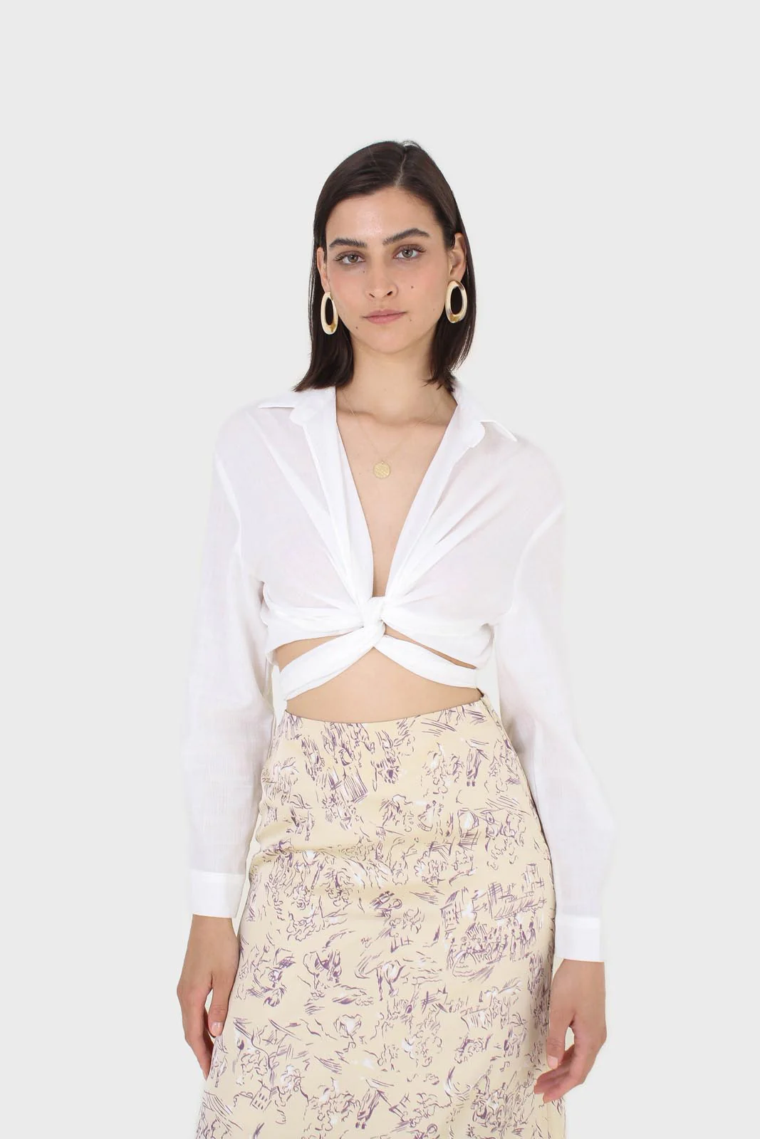 White linen plunging tie front shirt - Image 6