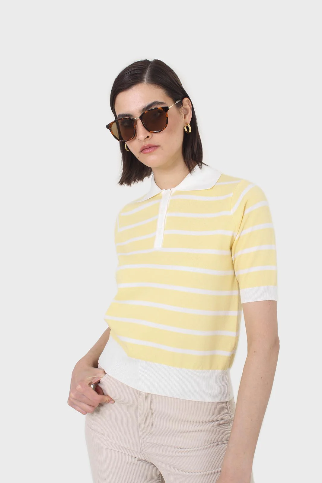 Yellow striped polo knit top - Image 5
