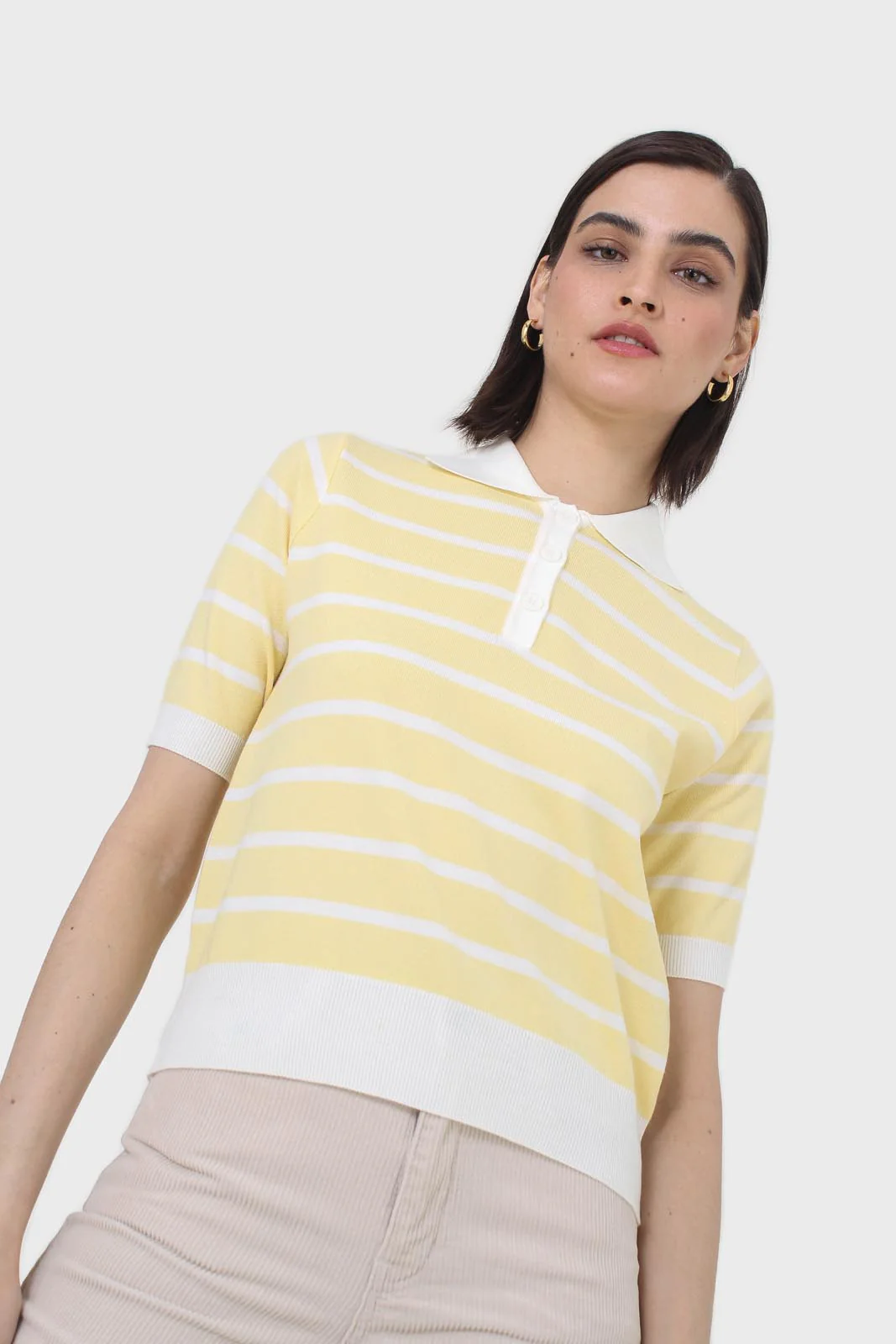Yellow striped polo knit top - Image 6